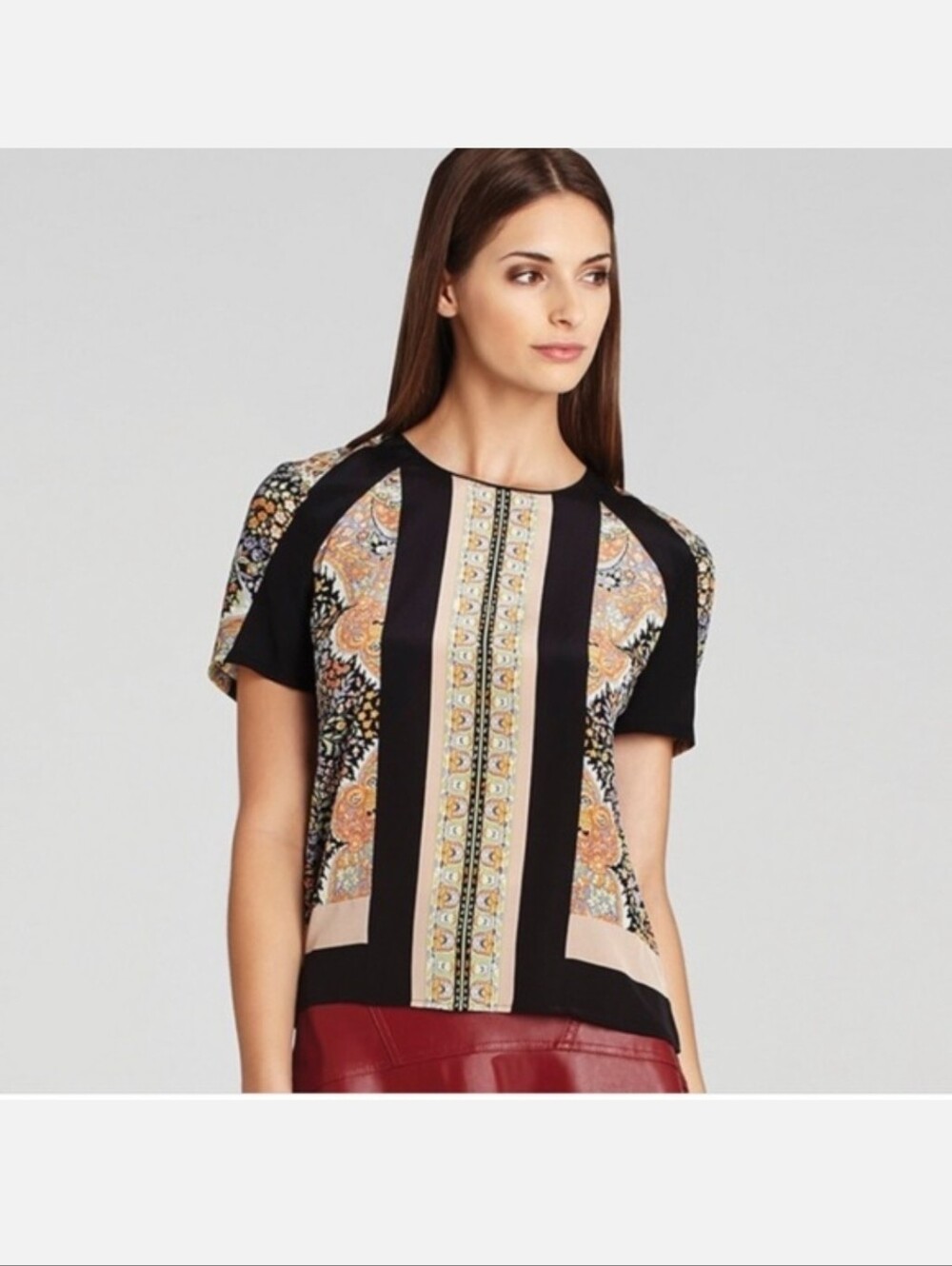 BCBGMAXAZRIA Janie Floral Paisley Silk Mixed Print Top Blouse Size Small